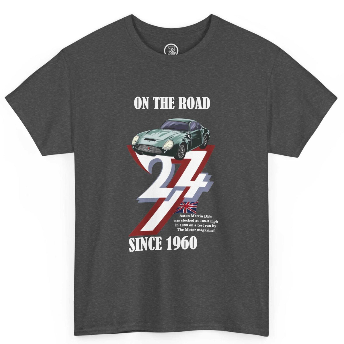 Front view of a dark heather born in 1960 t-shirt showcasing the detailed vintage racing car graphic, displayed on a clean background.