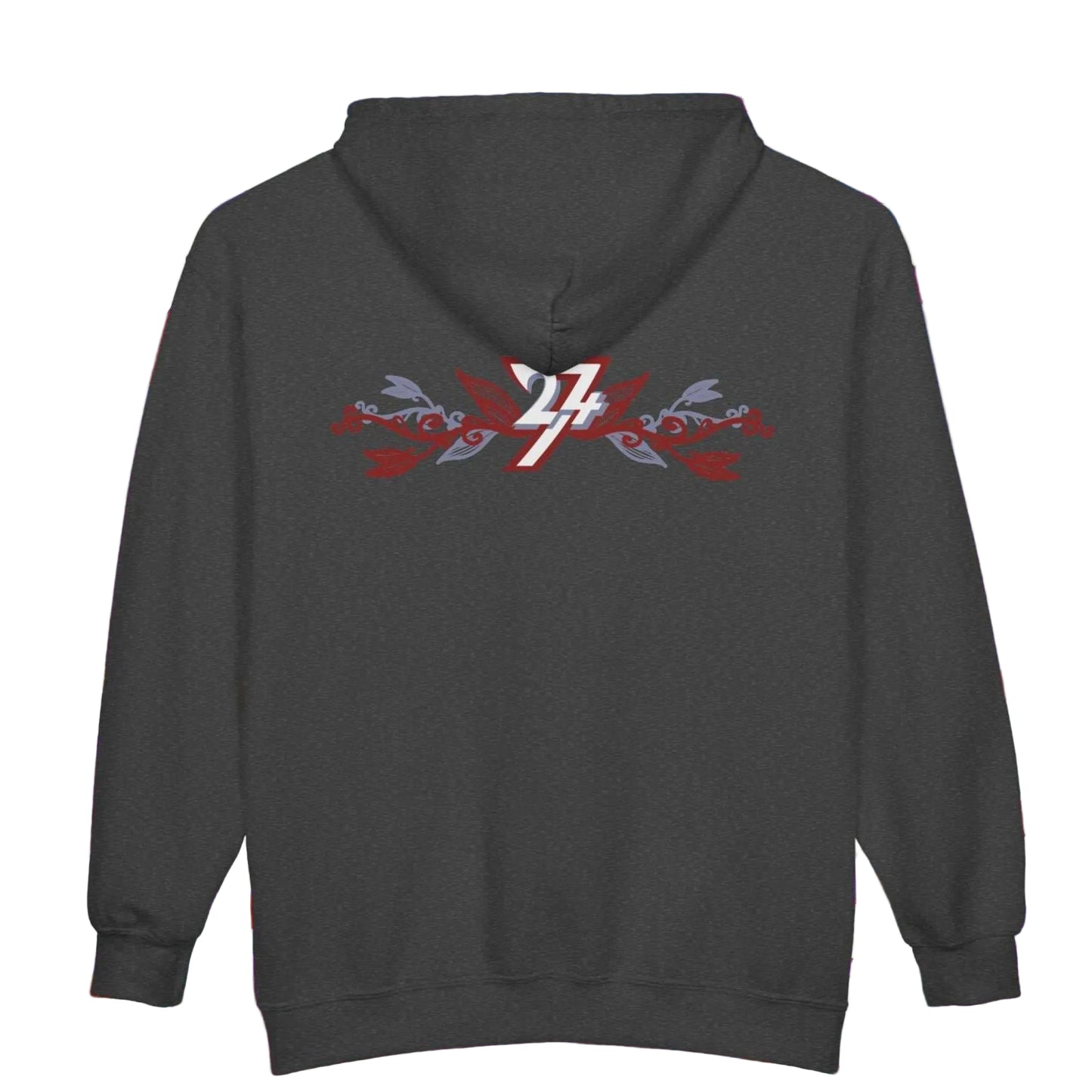 Back view of a dark heather gray zip-up hoodie displaying a large botanical vine graphic.