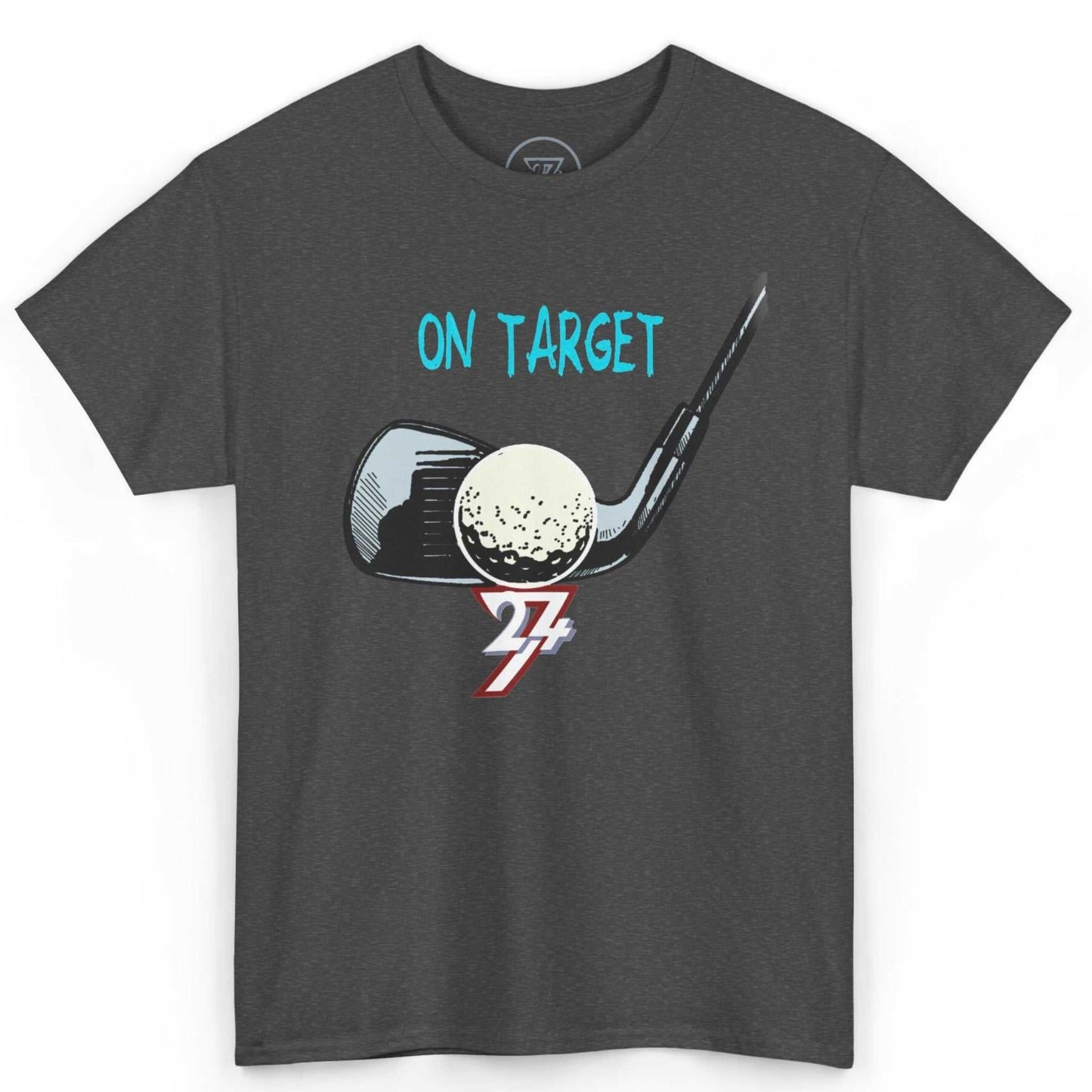 Front view of a dark heather grey clubhouse apparel shirt featuring the 24/7 golf artwork, laid flat on a clean background.