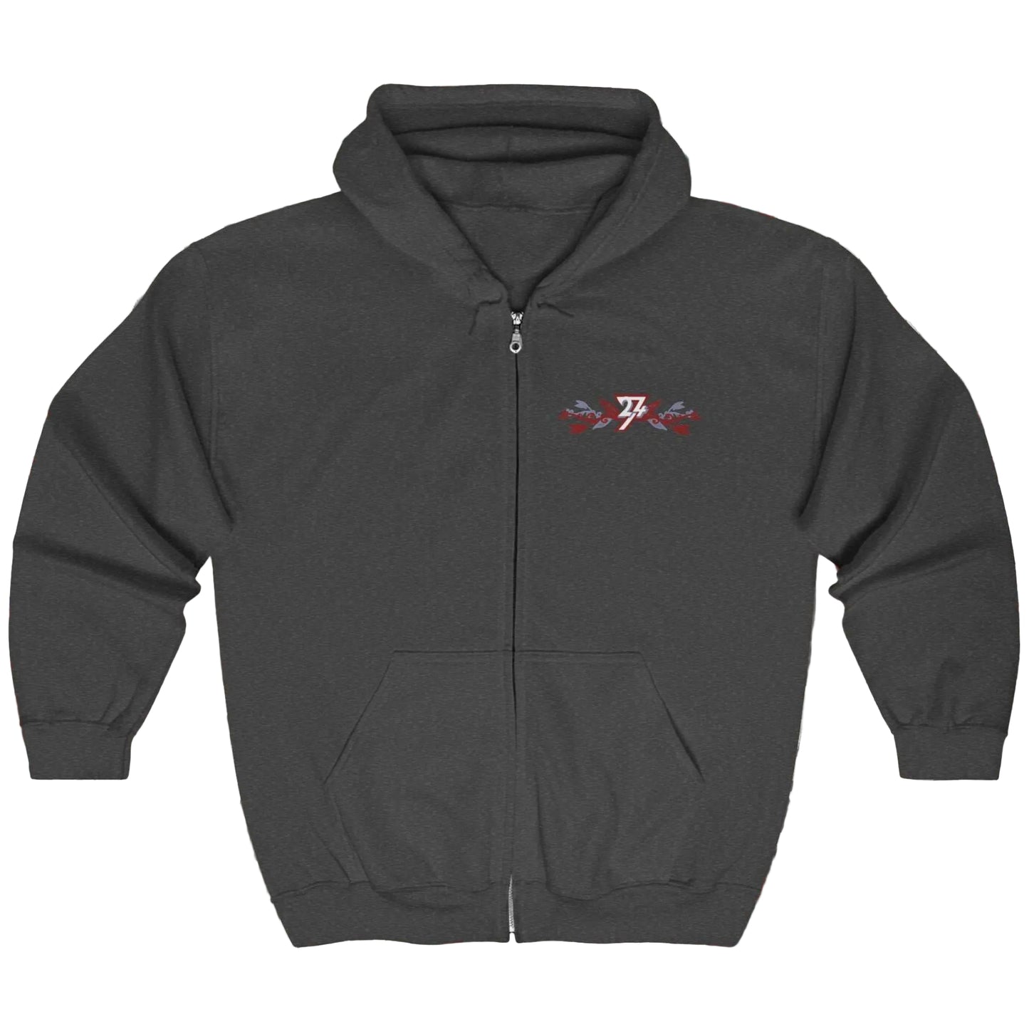 Front view of a dark heather gray zip-up sweatshirt with a small elegant floral chest graphic.