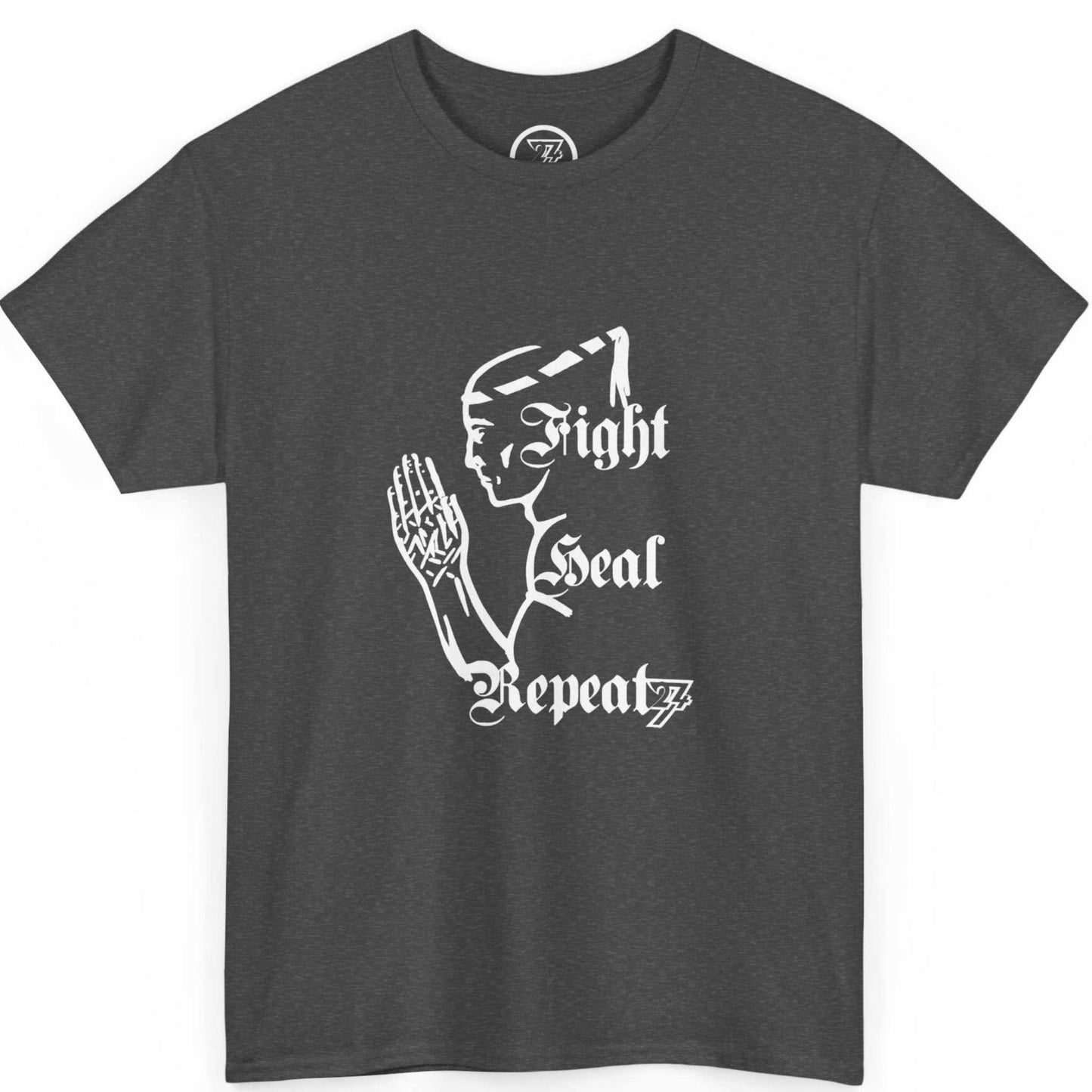Front view of a dark heather grey fighter lifestyle clothing shirt highlighting the traditional martial arts silhouette, shown on a clean background.