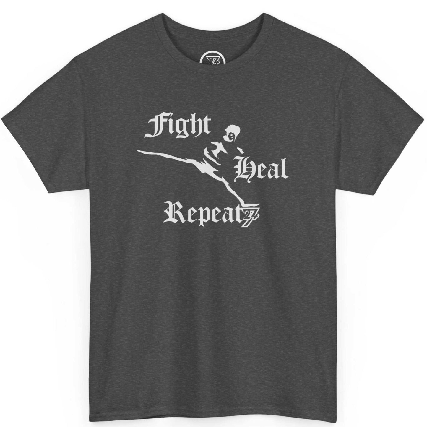 Front view of a dark heather grey fighter motivation shirt highlighting the authentic 24/7 logo design, shown on a clean background.