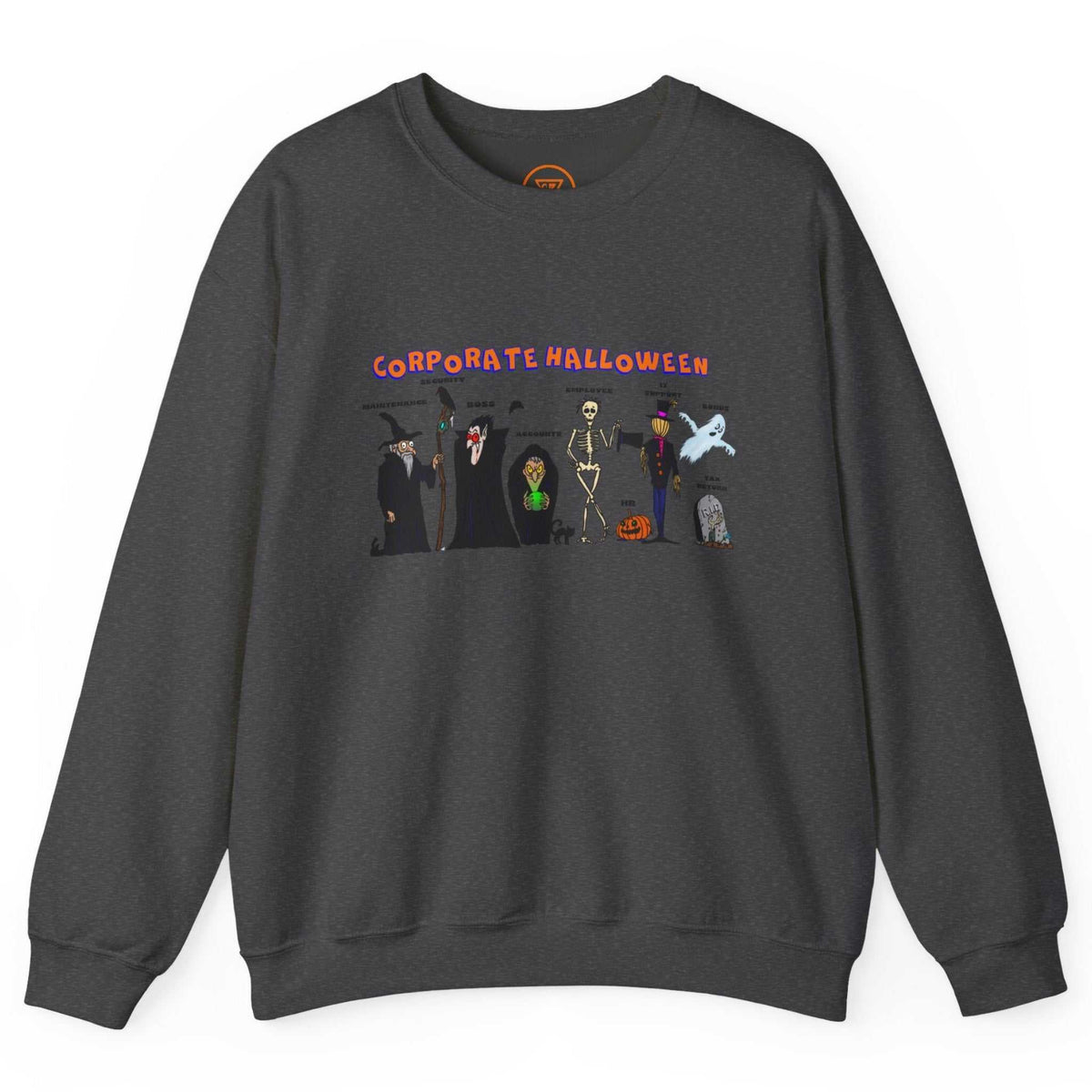 Front view of a dark heather funny coworker gift sweatshirt showcasing the vibrant corporate Halloween graphic, laid flat on a clean background.