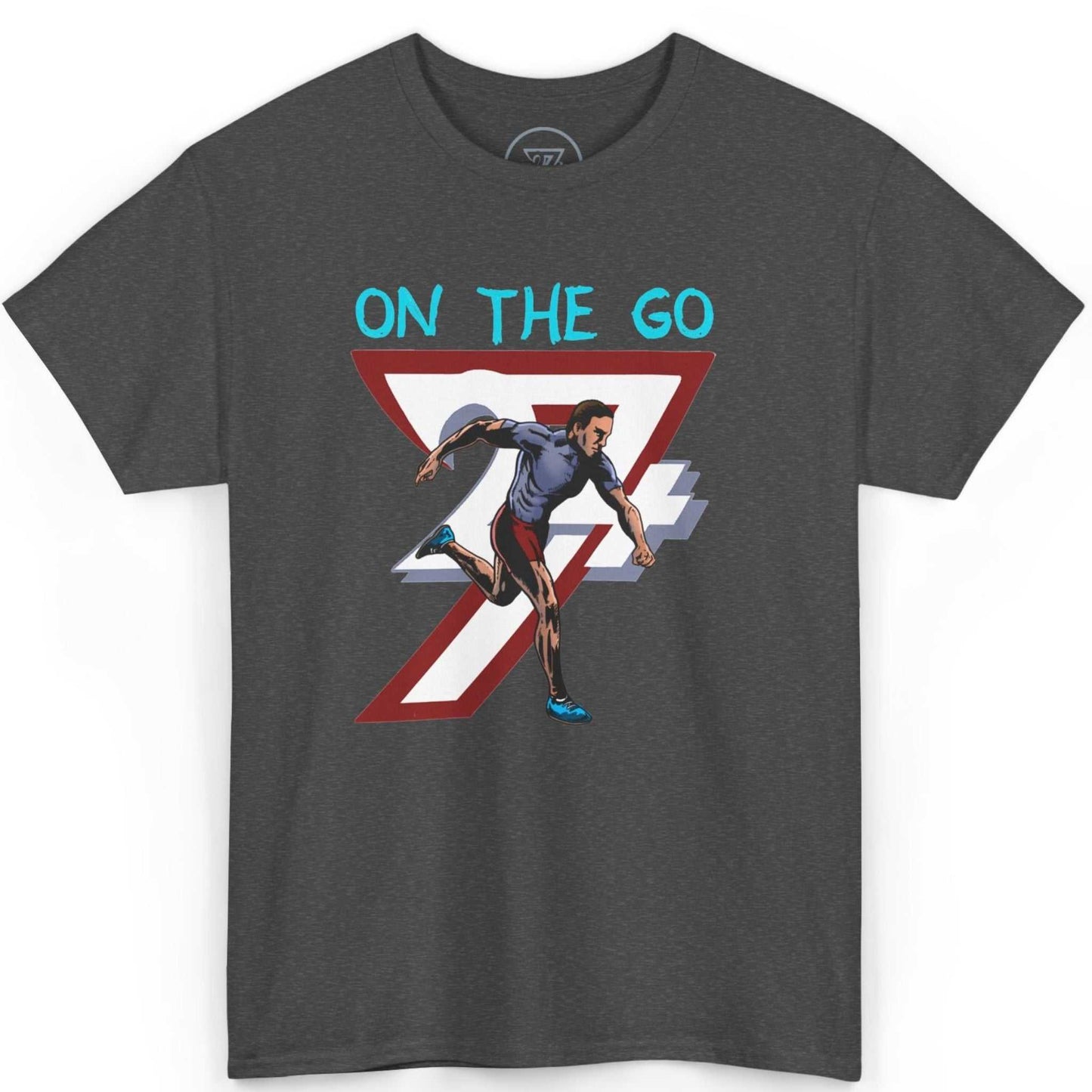 Front view of a dark heather grey graphic running tee highlighting the vibrant runner illustration, displayed on a clean background.