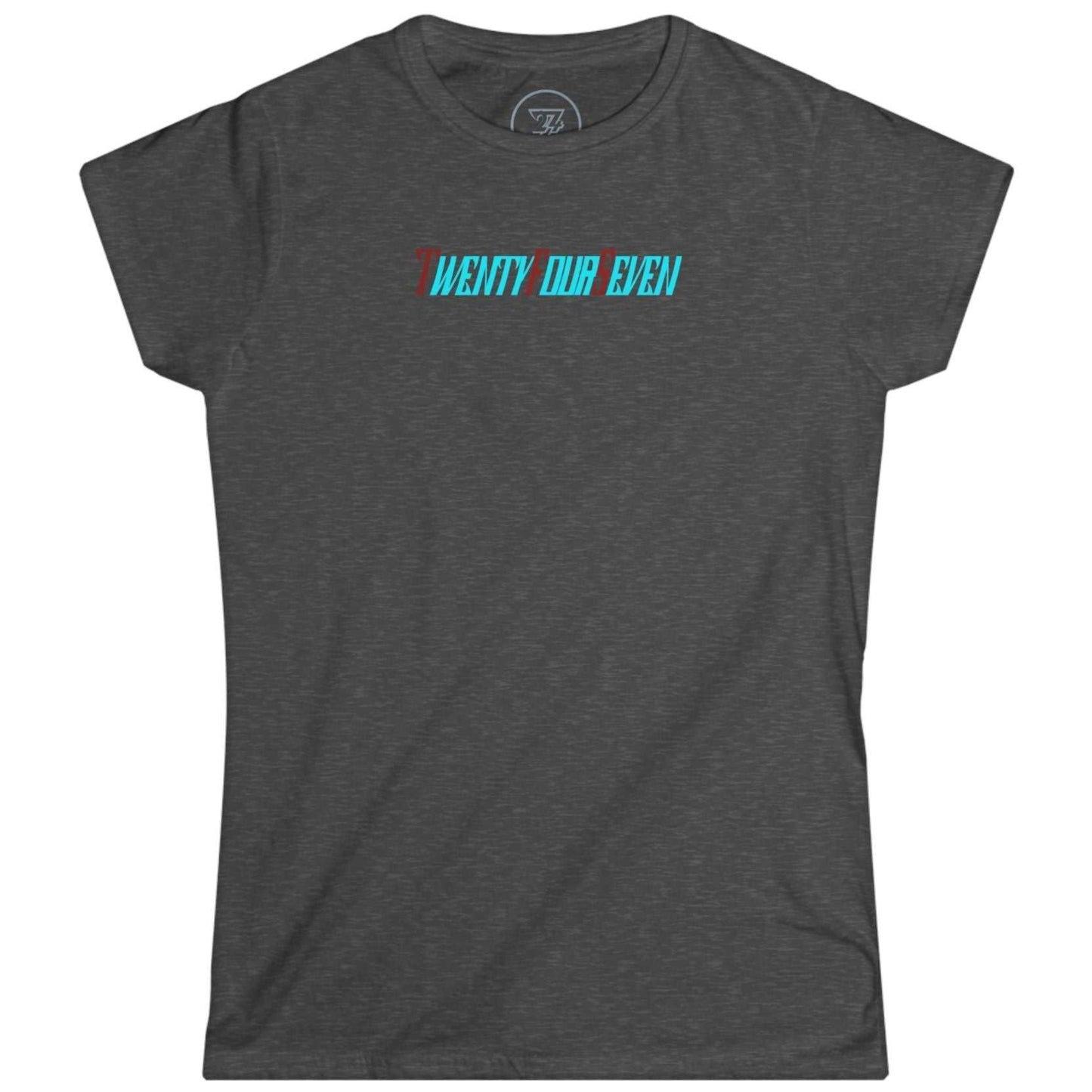 Dark heather grey women's premium streetwear t-shirt with the retro-futuristic stylized logo badge.