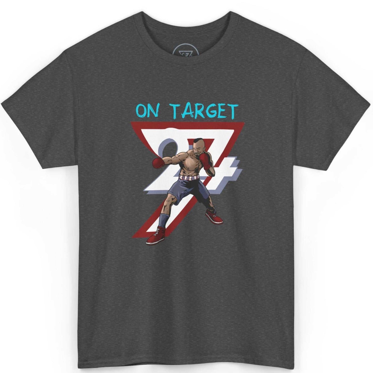 Front view of an athletic dark heather grey motivational gym shirt highlighting the original combat sports art, shown on a clean background.