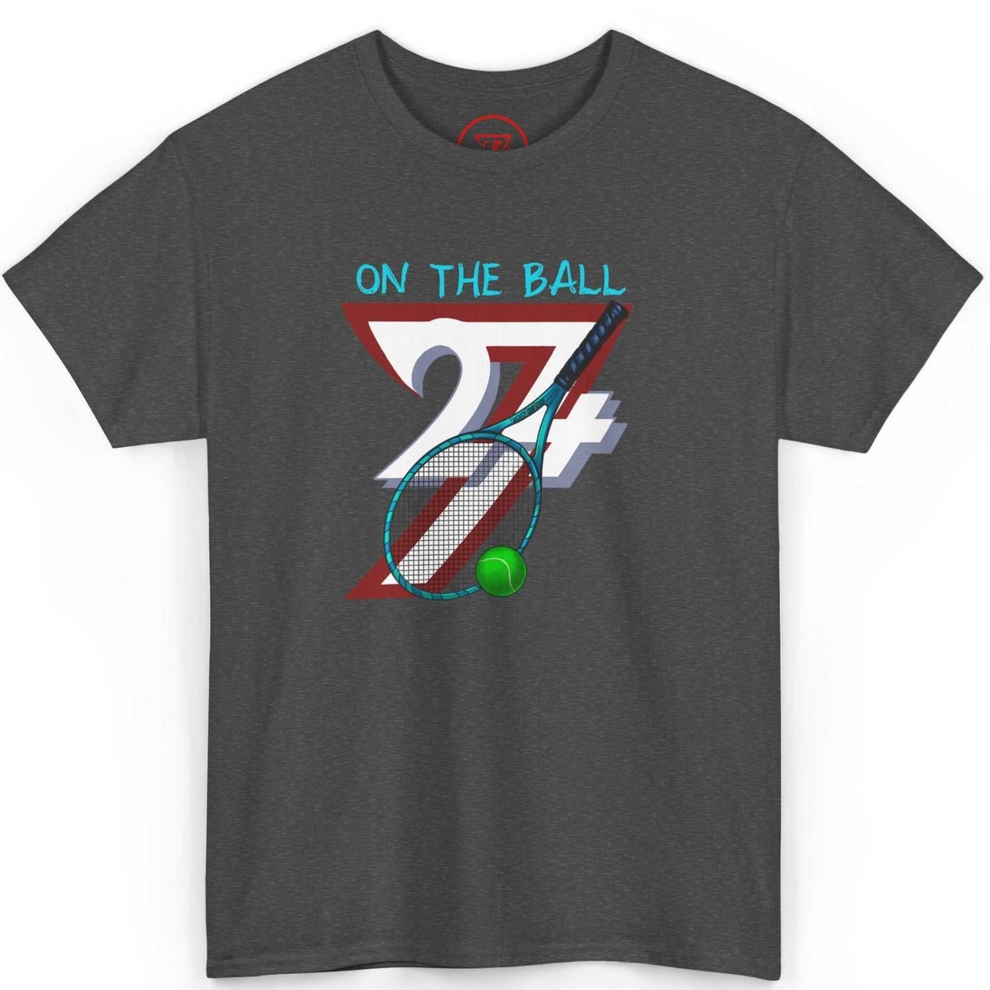 Front view of a dark heather grey retro racket and ball shirt featuring the hand-drawn On The Ball graphic, laid flat.