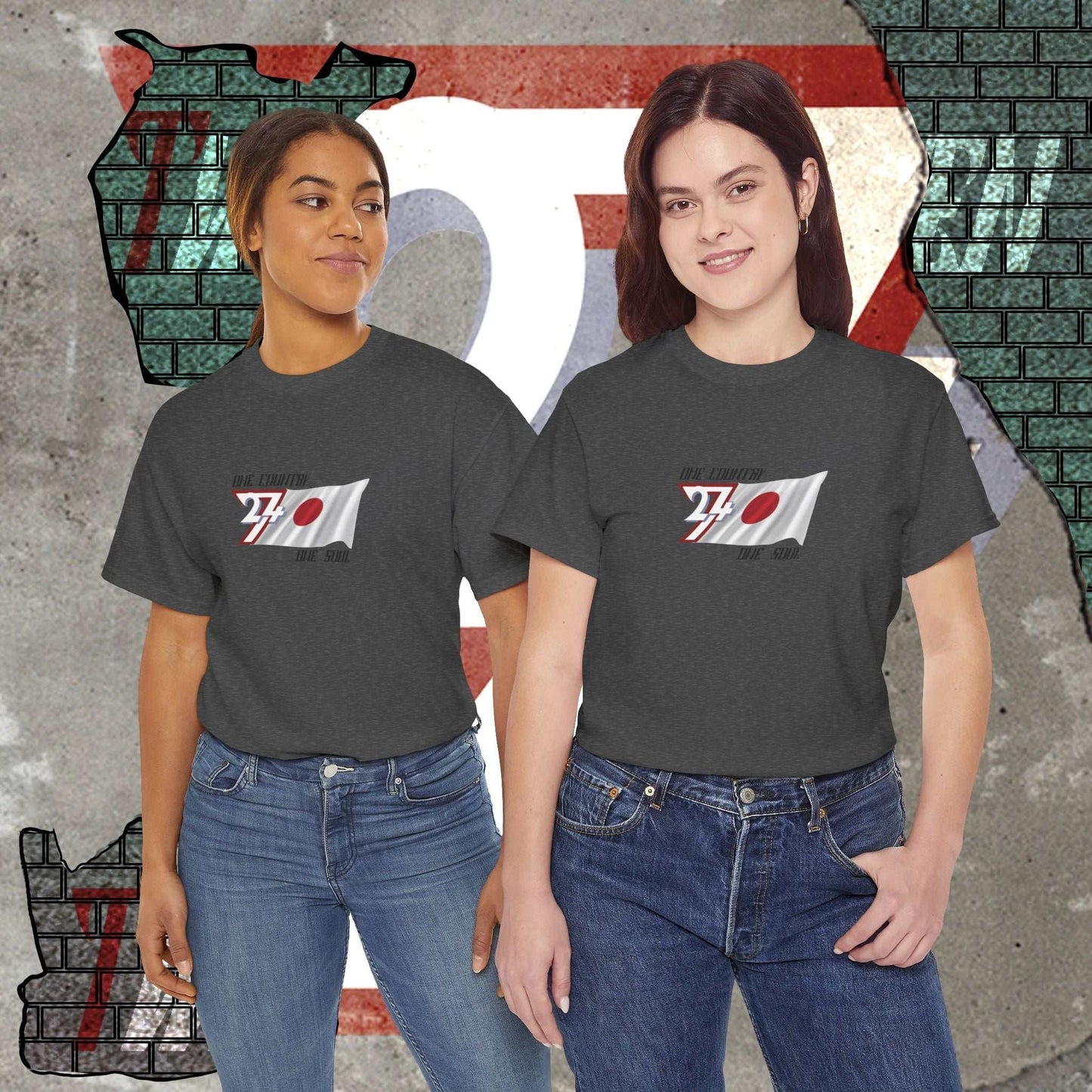 Two female models wearing the hand-drawn Japan flag t-shirts in dark gray, showcasing the artistic lifestyle fit of our Japan collection.