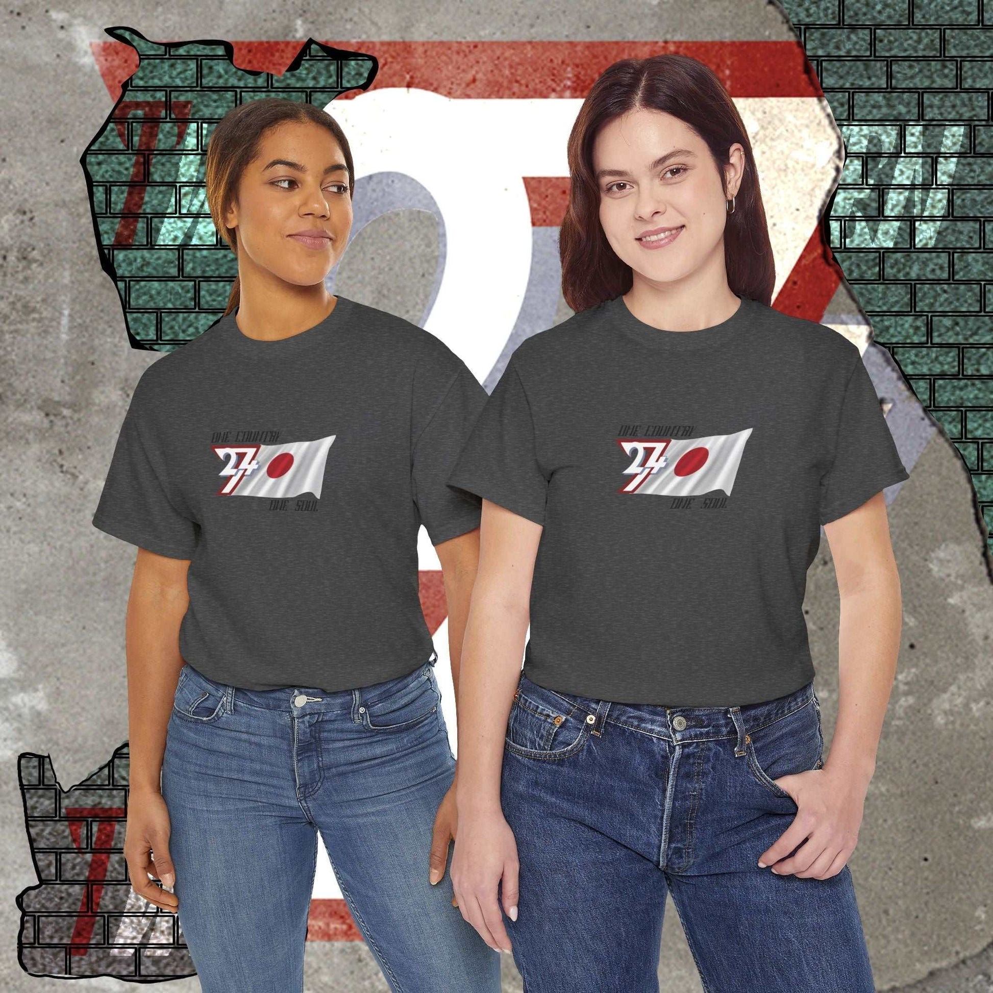 Two female models wearing the hand-drawn Japan flag t-shirts in dark gray, showcasing the artistic lifestyle fit of our Japan collection.