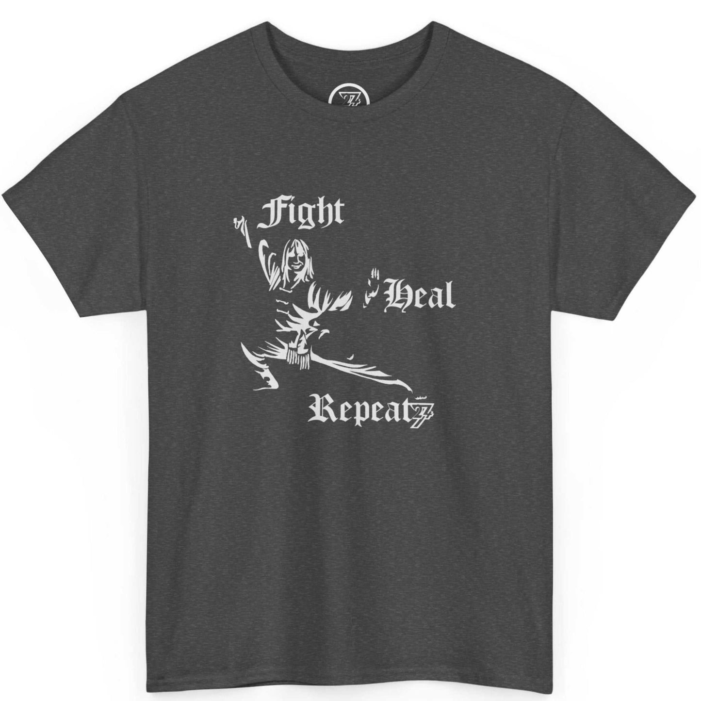 Front view of a dark heather grey warrior mindset tee highlighting the elegant martial arts graphic, shown on a clean background.