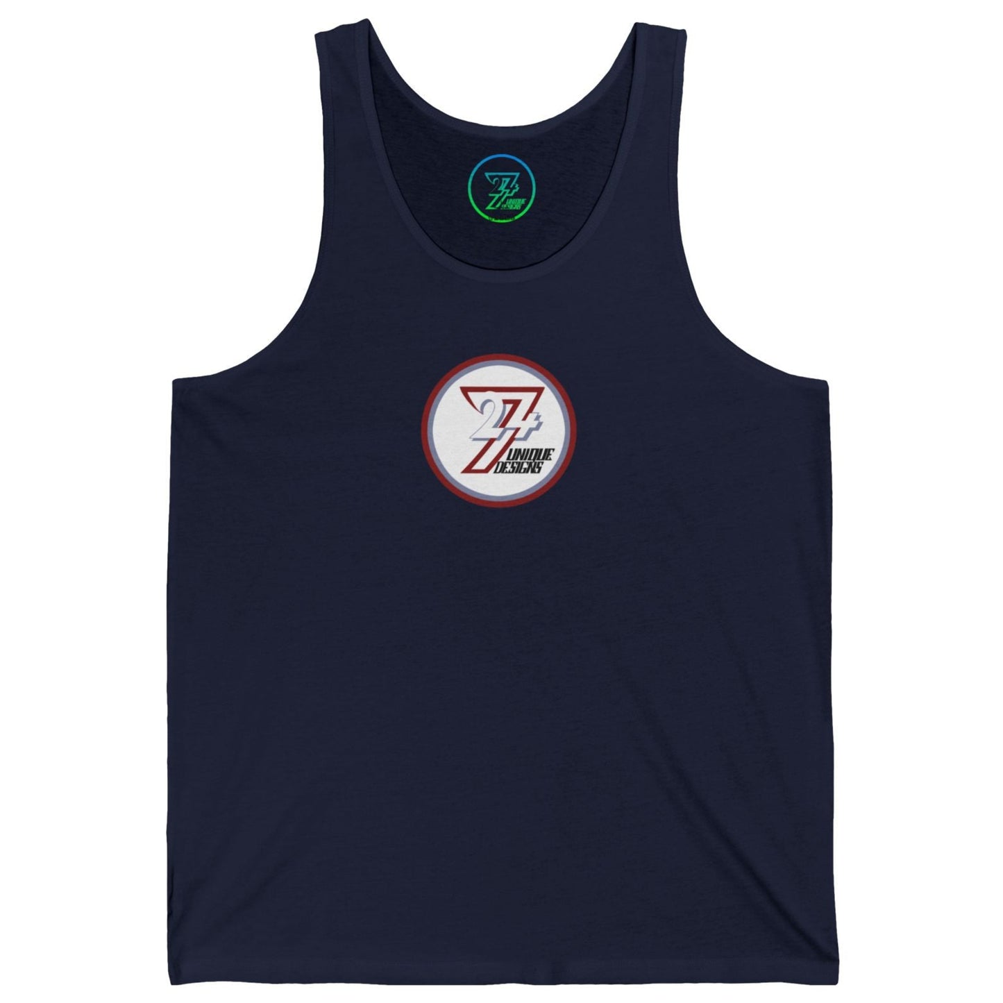 Dark navy blue women's versatile staple top with a central 24/7 brand script logo.
