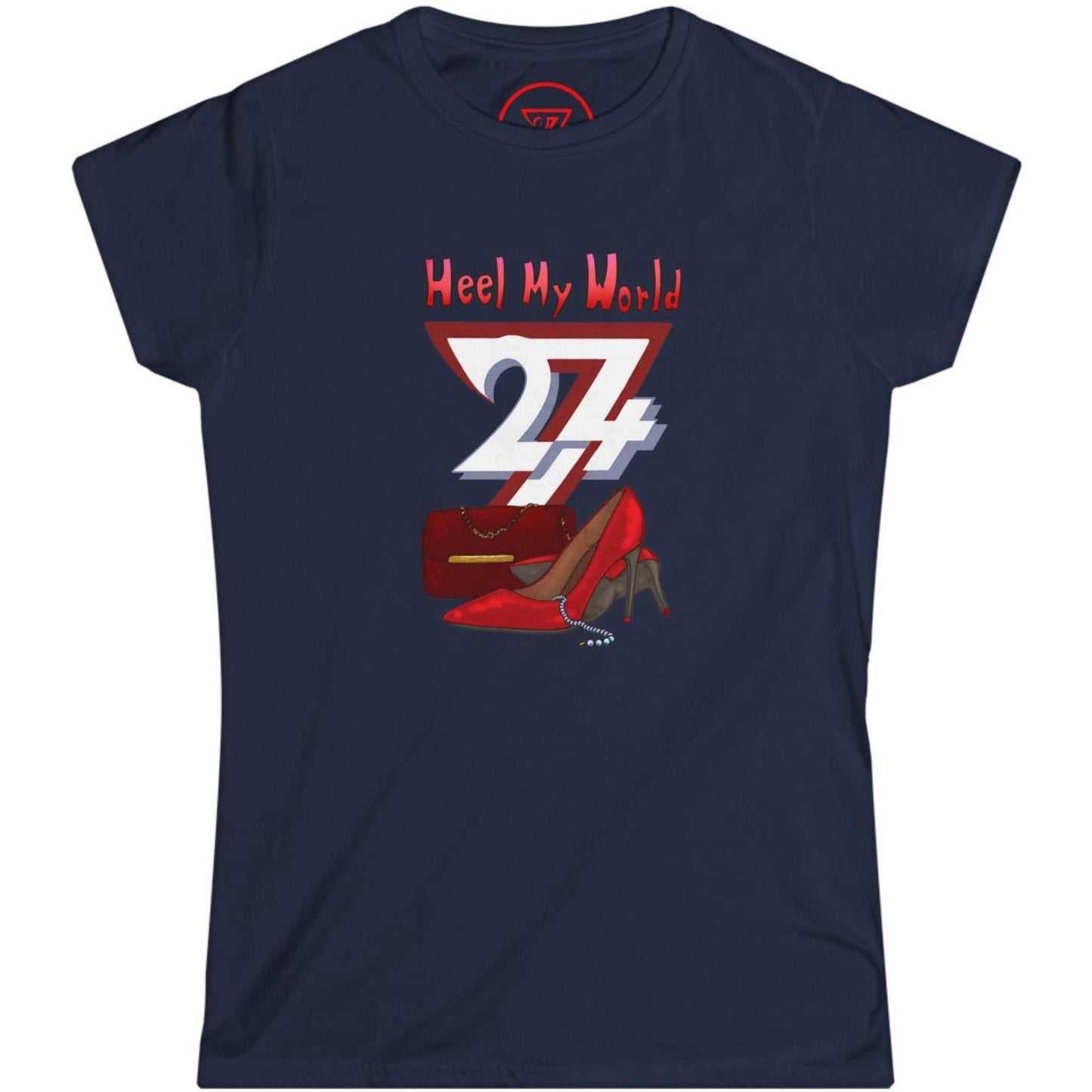 Dark navy fashion lover women's top showcasing the bold red stiletto design, laid flat.
