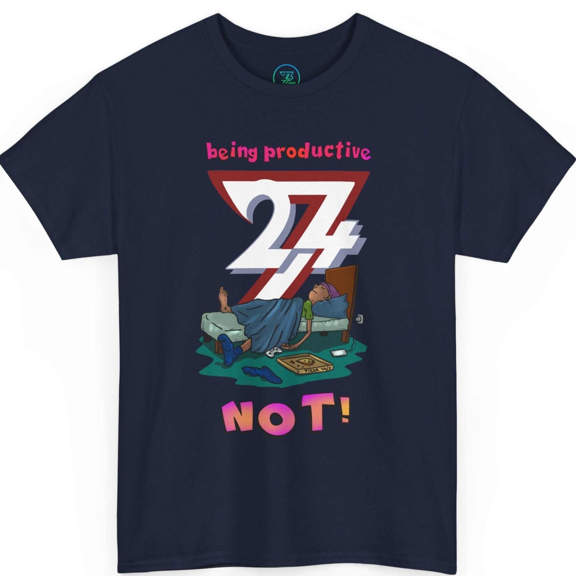 Front view of a dark navy funny lazy teenager t-shirt featuring the original hand-drawn comic art, displayed on a clean background.