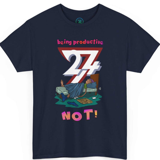 Front view of a dark navy funny lazy teenager t-shirt featuring the original hand-drawn comic art, displayed on a clean background.