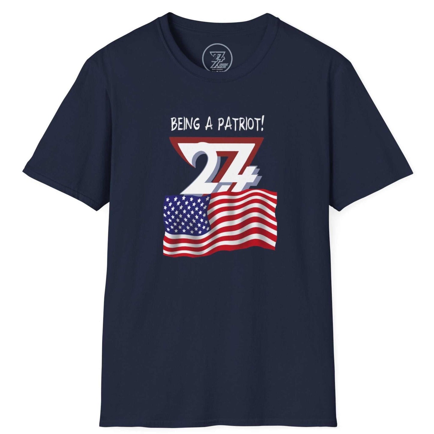 Dark navy July 4th graphic tee showcasing the bold American pride illustration, laid flat.