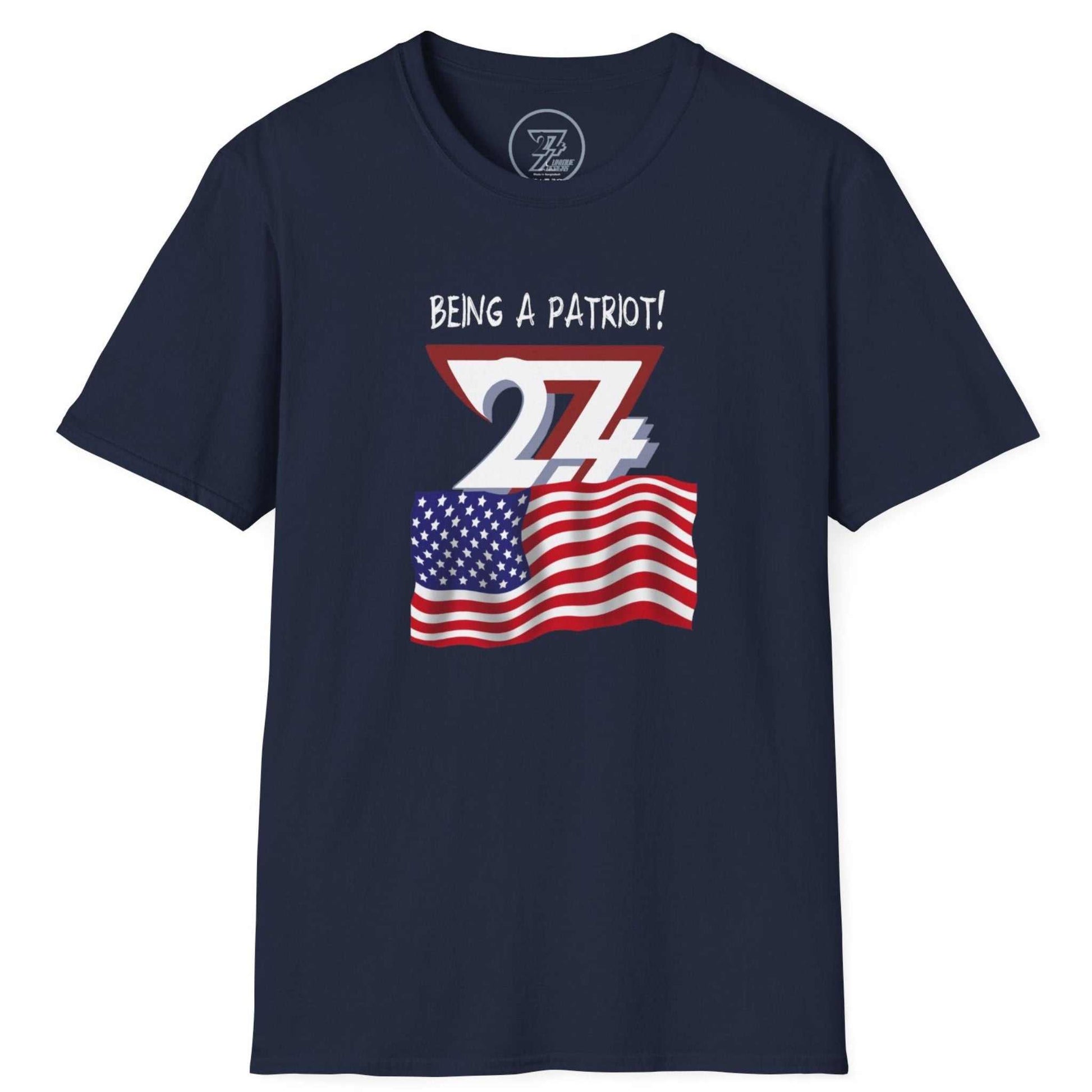 Dark navy July 4th graphic tee showcasing the bold American pride illustration, laid flat.