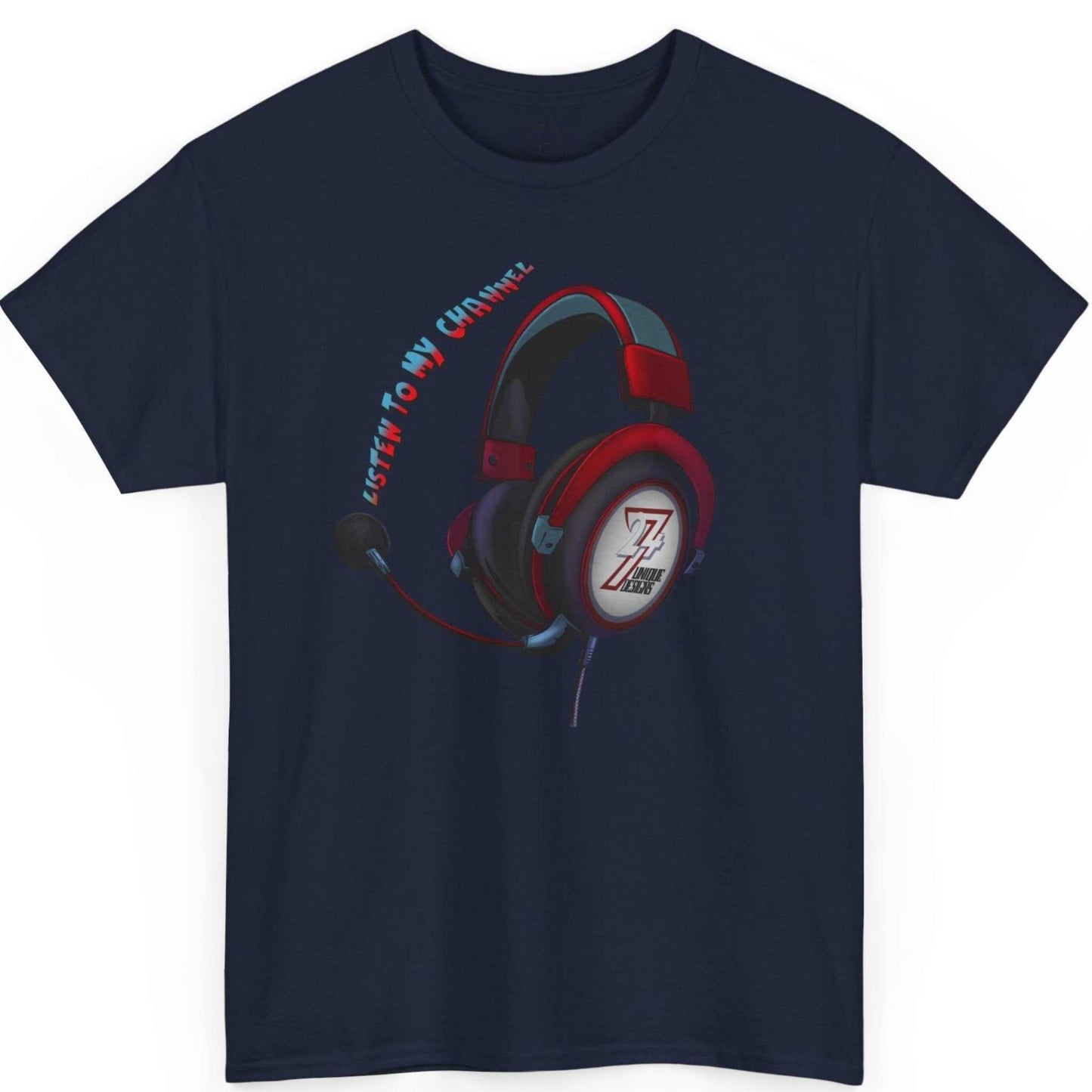 Dark navy podcast host apparel featuring the clever 'Listen To My Channel 24/7' graphic, displayed on a clean background.