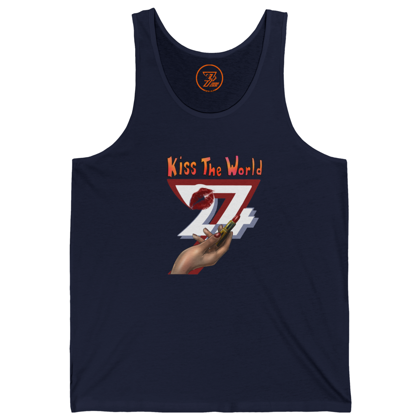 Dark navy blue relaxed fit tank top featuring a bold retro lipstick and kiss mark graphic.
