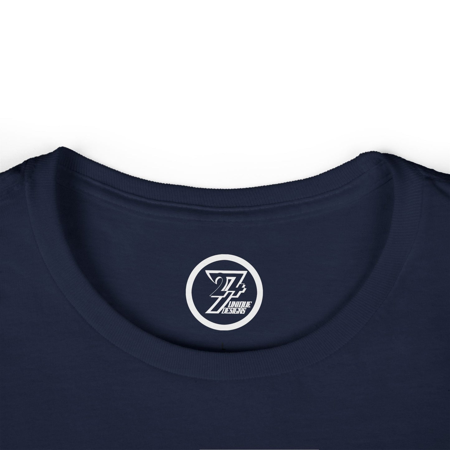 Close up of the tagless printed inner collar showing the 24/7 unique designs logo on dark fabric.