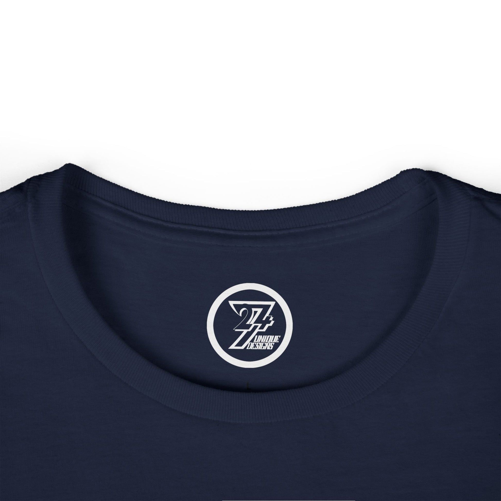 Close up of the tagless printed inner collar showing the 24/7 unique designs logo on dark fabric.