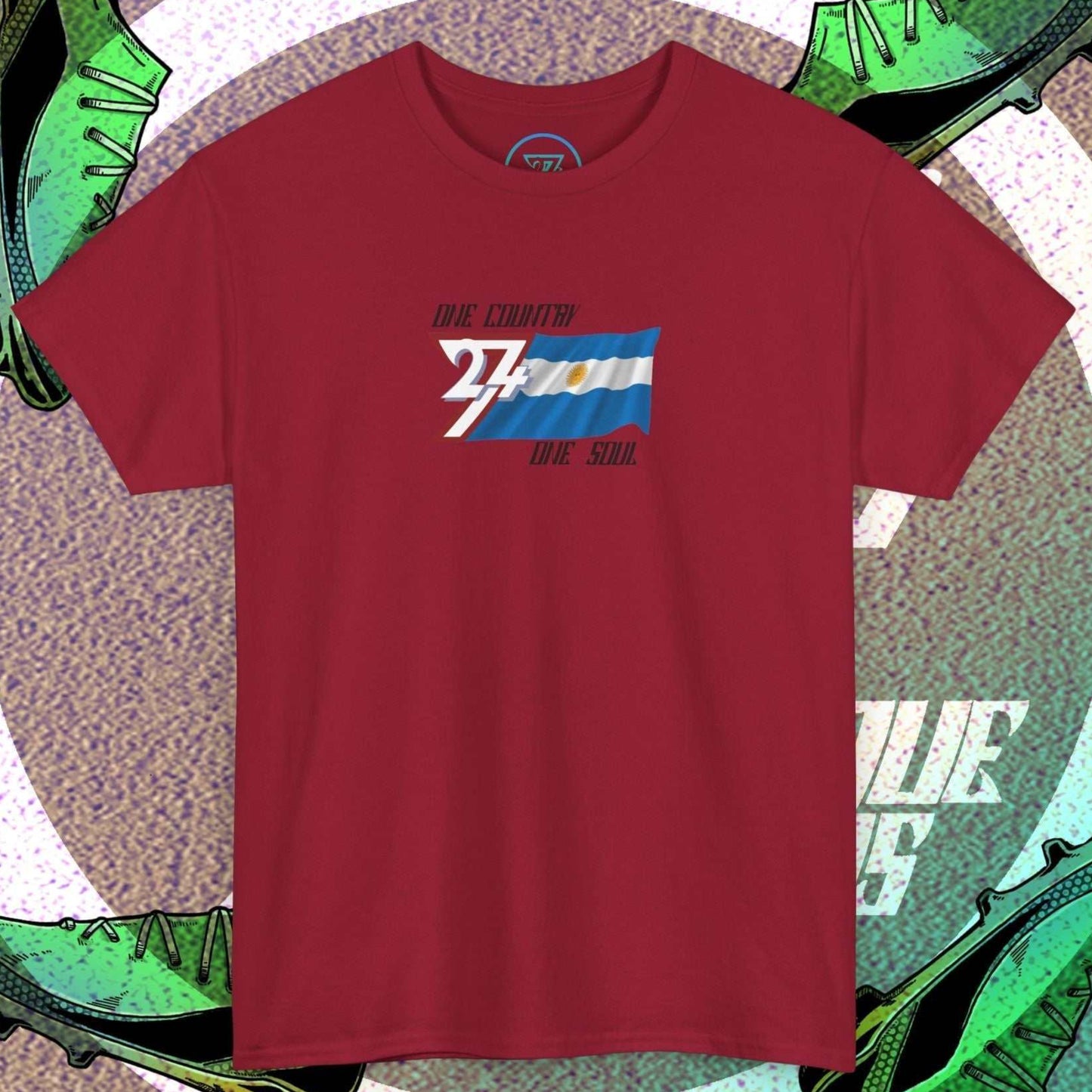 A full-view Deep Red Argentina pride t-shirt featuring our exclusive "One Country One Soul" refined artist print.