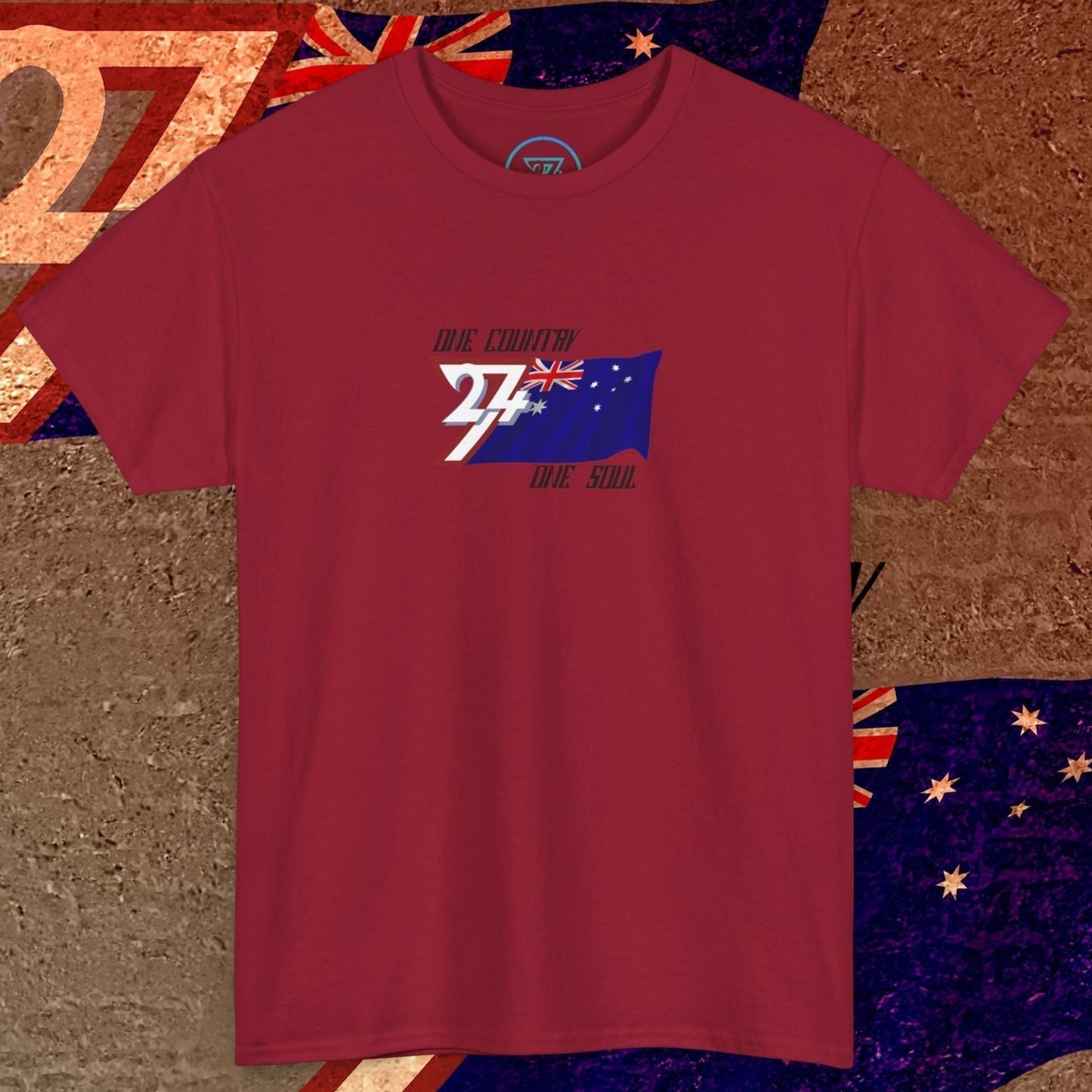 A full-view Deep Red Australia pride t-shirt featuring our exclusive "One Country One Soul" refined artist print.