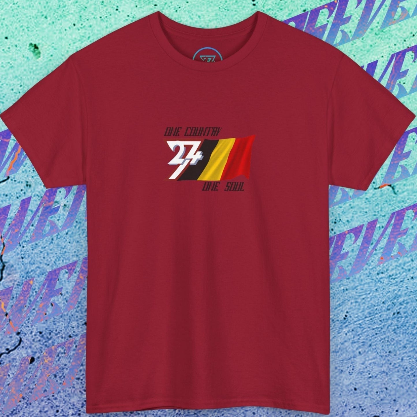 A full-view Deep Red Belgium pride t-shirt featuring our exclusive "One Country One Soul" refined artist print.