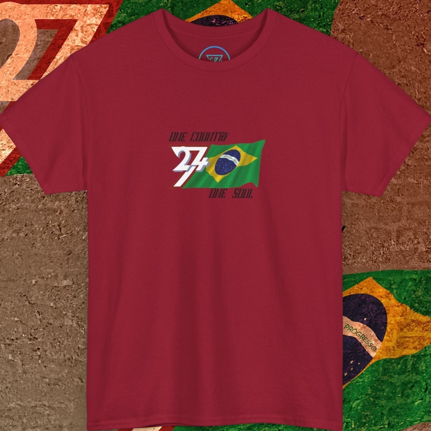 A full-view Deep Red Brazil pride t-shirt featuring our exclusive "One Country One Soul" refined artist print.