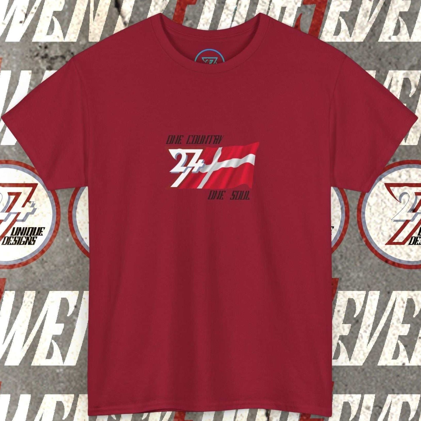 A full-view Deep Red Denmark pride t-shirt featuring our exclusive "One Country One Soul" refined artist print.