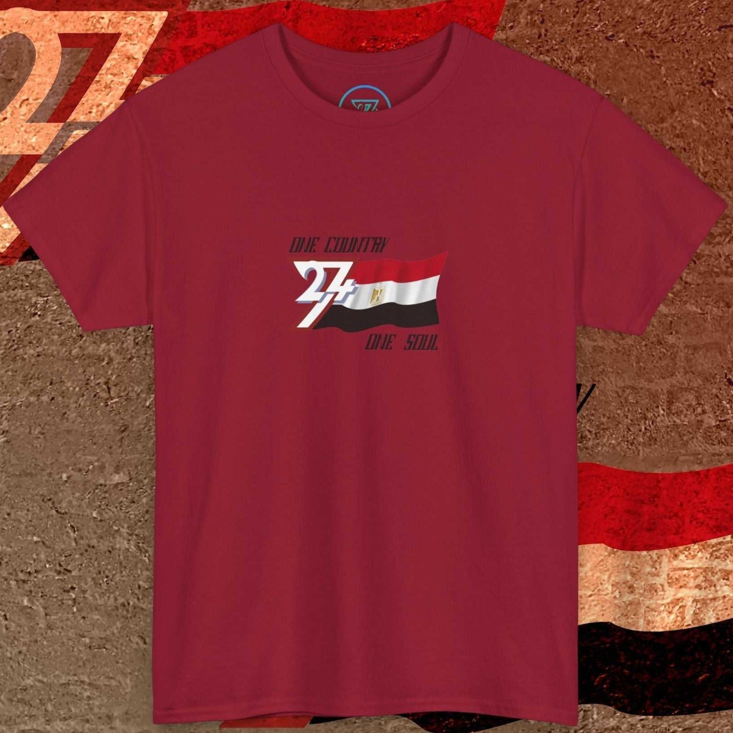 A full-view Deep Red Egypt pride t-shirt featuring our exclusive "One Country One Soul" refined artist print.