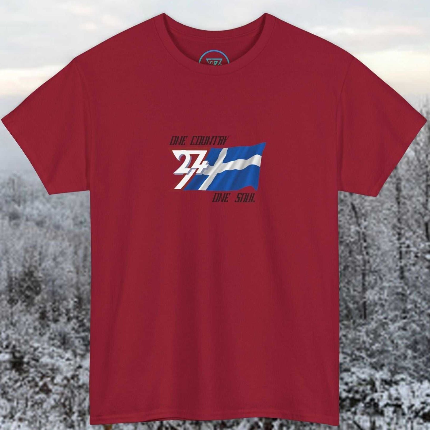 A full-view Deep Red Finland pride t-shirt featuring our exclusive "One Country One Soul" refined artist print.