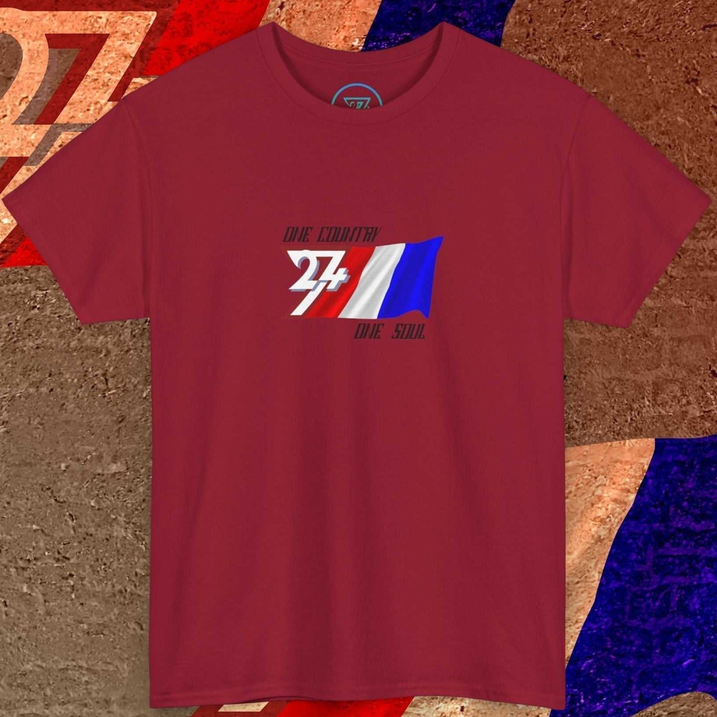 A full-view Deep Red France pride t-shirt featuring our exclusive "One Country One Soul" refined artist print.