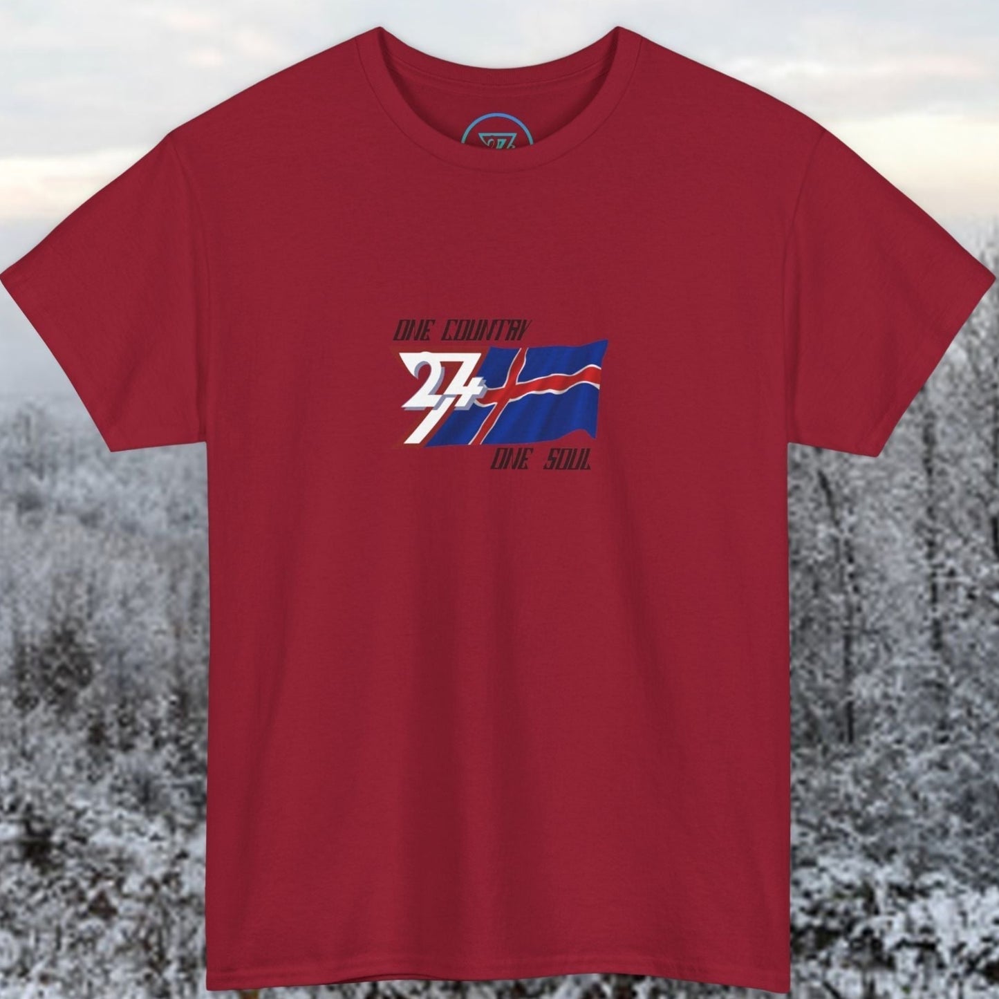 A full-view Deep Red Iceland pride t-shirt featuring our exclusive "One Country One Soul" refined artist print.