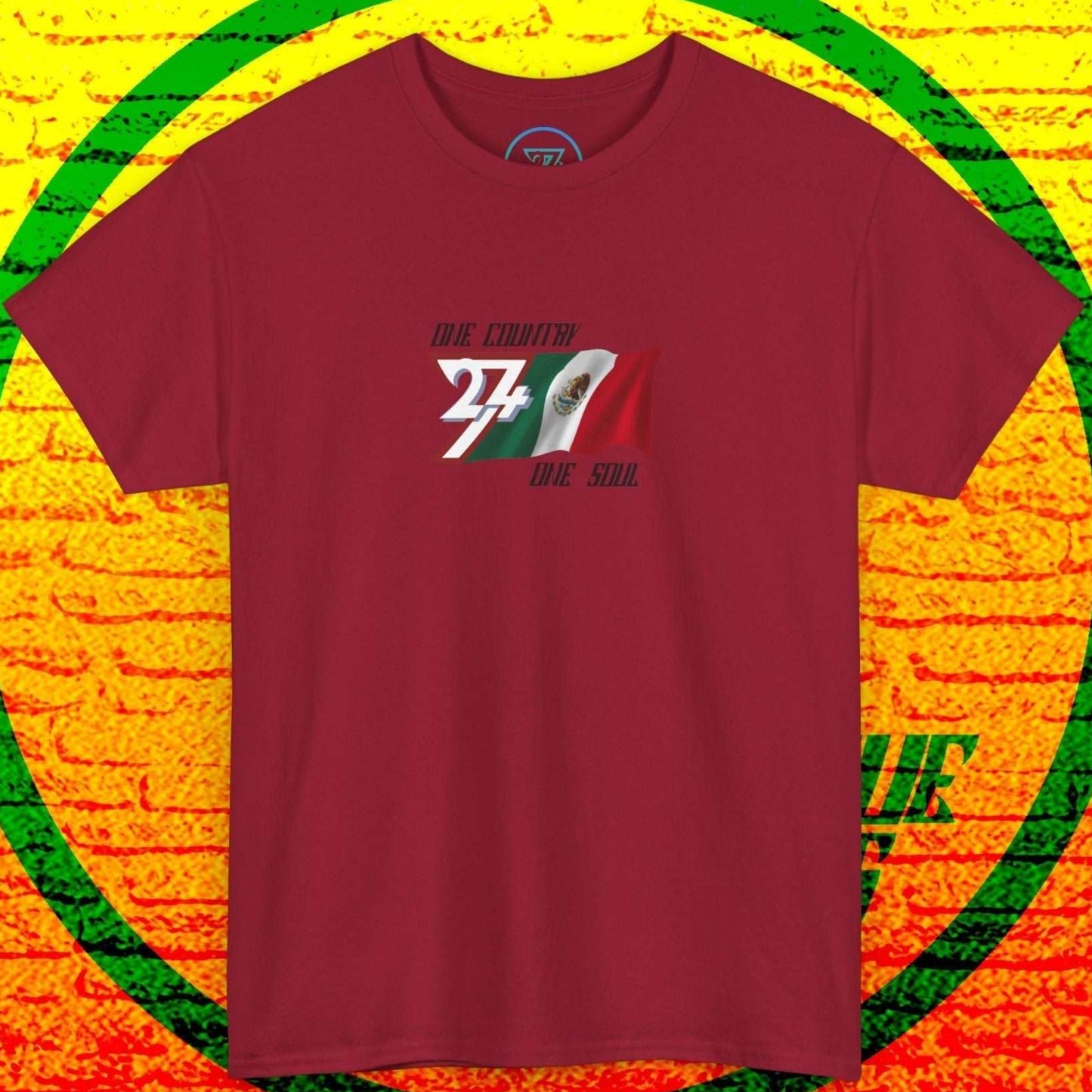 A full-view Deep Red Mexico pride t-shirt featuring our exclusive "One Country One Soul" refined artist print.