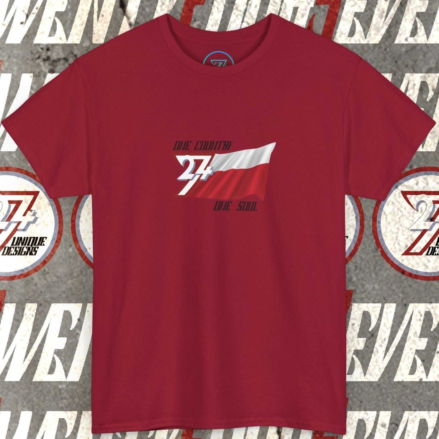 Front view of a red graphic t-shirt featuring a digitally hand-drawn Poland flag design.