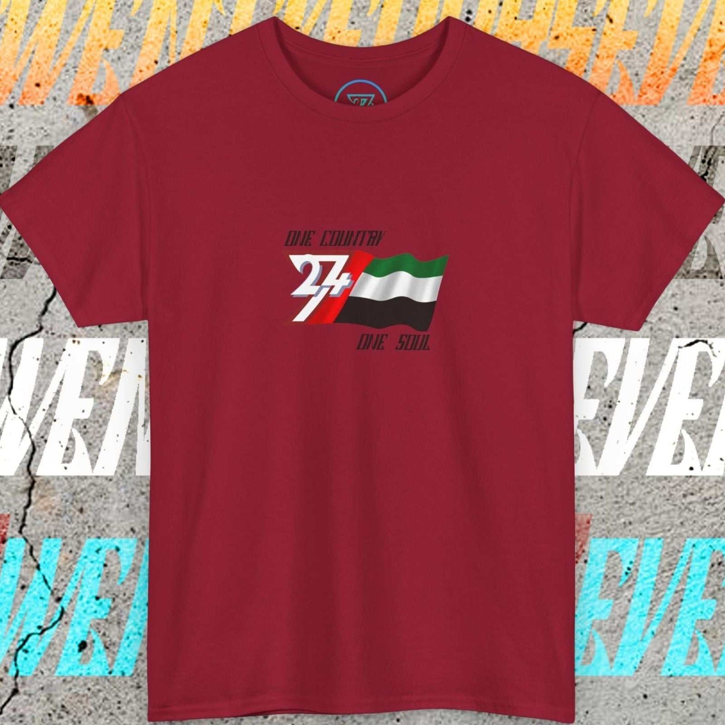 A full-view Deep Red UAE pride t-shirt featuring our exclusive "One Country One Soul" refined artist print.