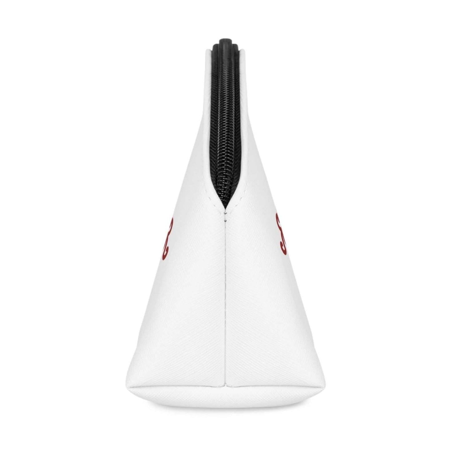 Right side profile of the elegant cosmetic pouch, showing the clean lines and durable white PU leather construction.