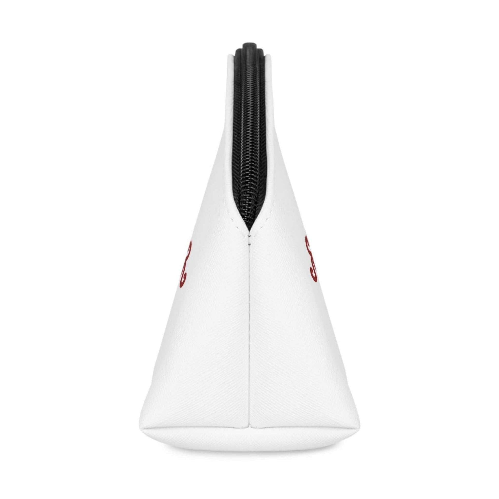 Right side profile of the elegant cosmetic pouch, showing the clean lines and durable white PU leather construction.