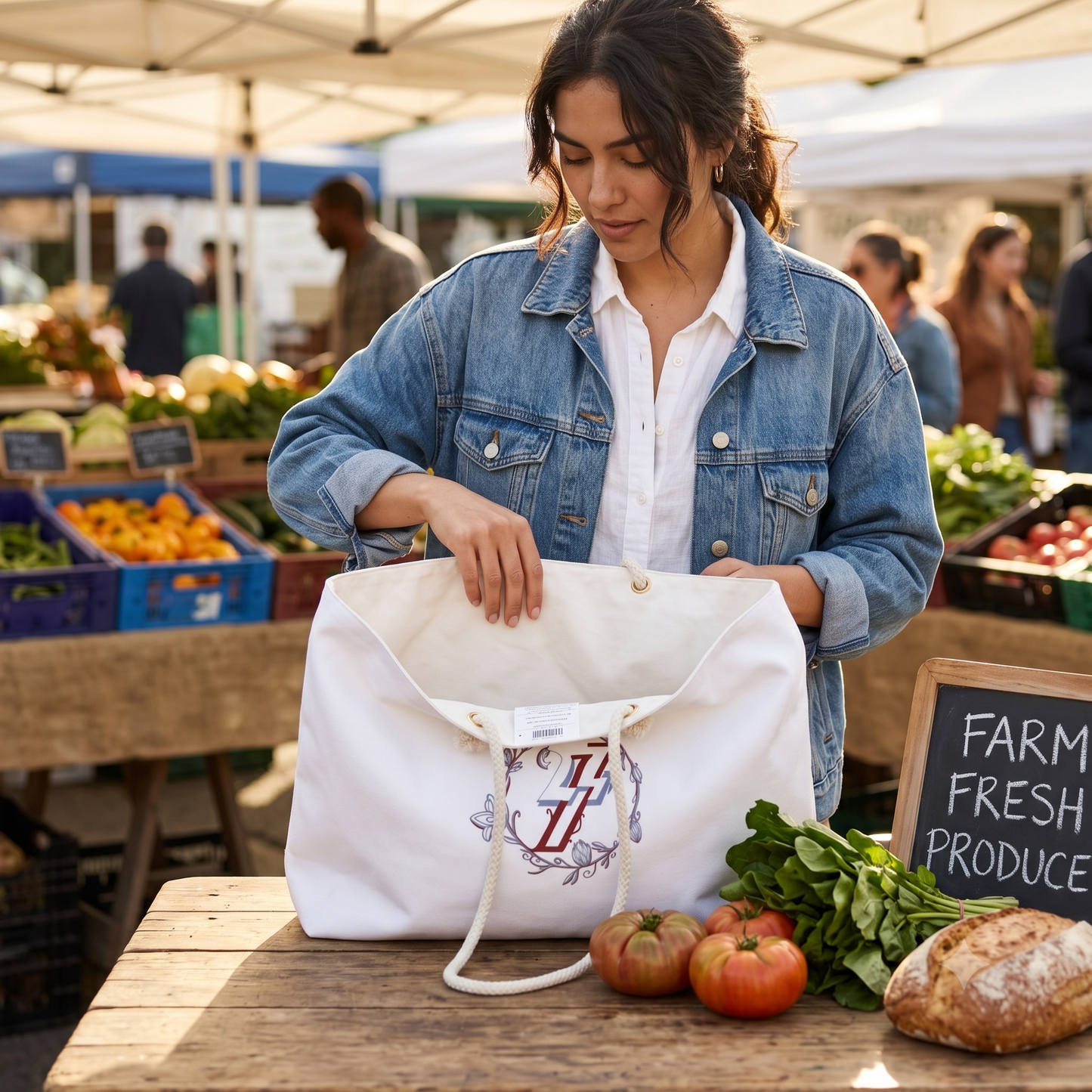 A woman at a sunny farmer's market opens her elegant floral weekender bag, showcasing the massive interior space of the large travel tote featuring our completely hand-drawn original art.