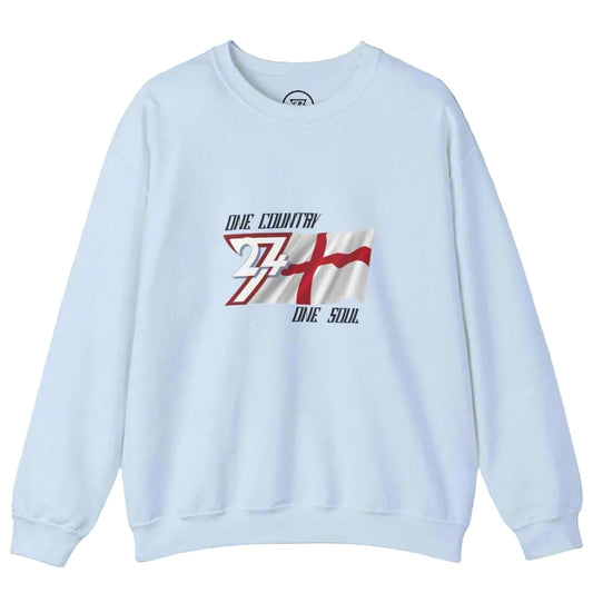 White England sweatshirt with unique England flag design and slogan "One Country One Soul" on front, crew neckline, long sleeves, and cozy fit.