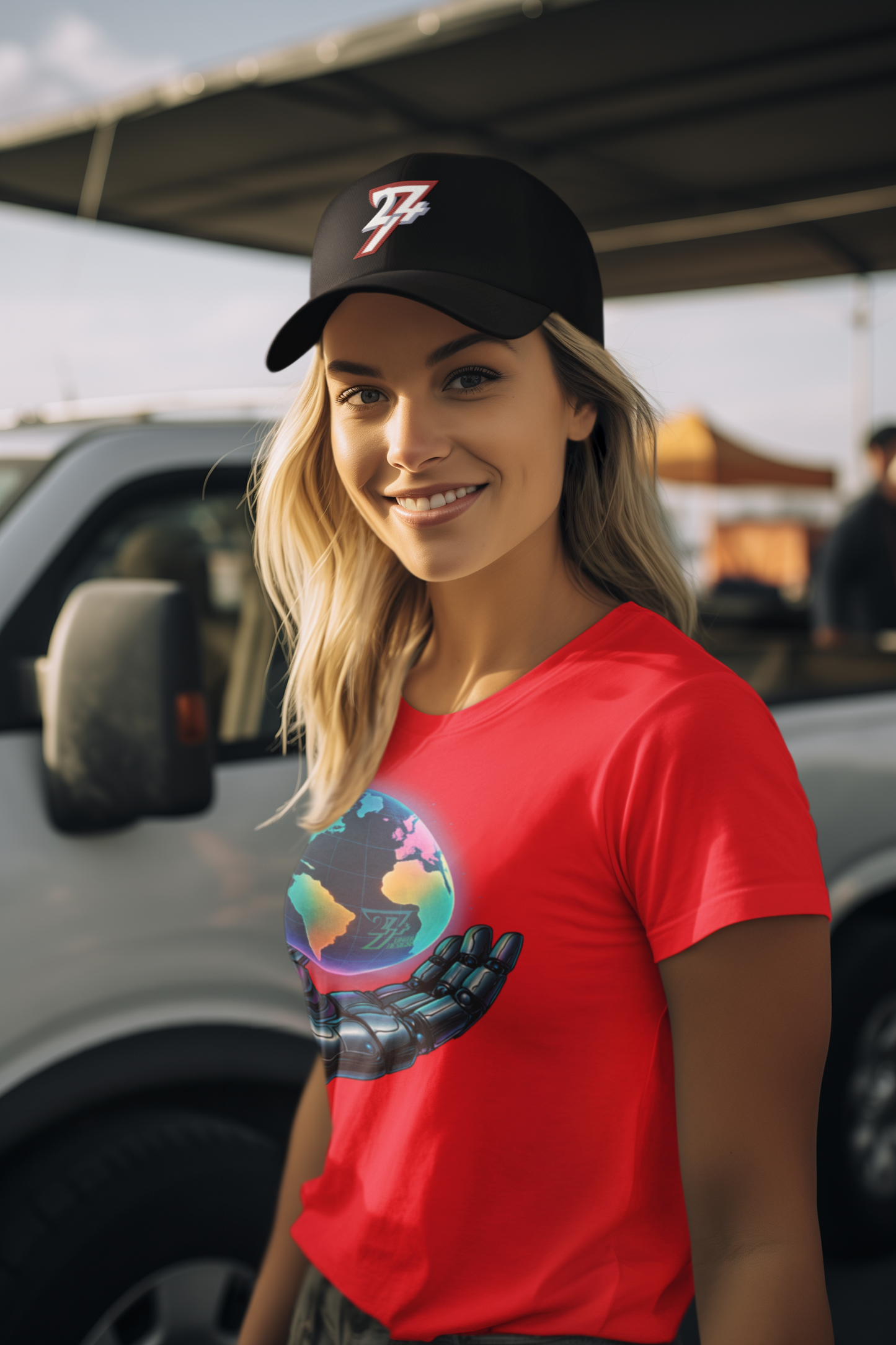 Female model demonstrating the classic unisex fit of the red 24/7 Unique Designs futuristic shirt.