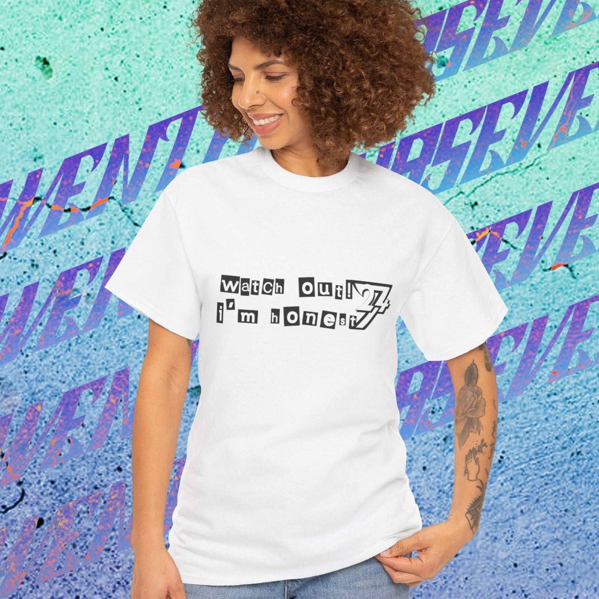 Female model showcasing the casual vibe of the humorous statement t-shirt.