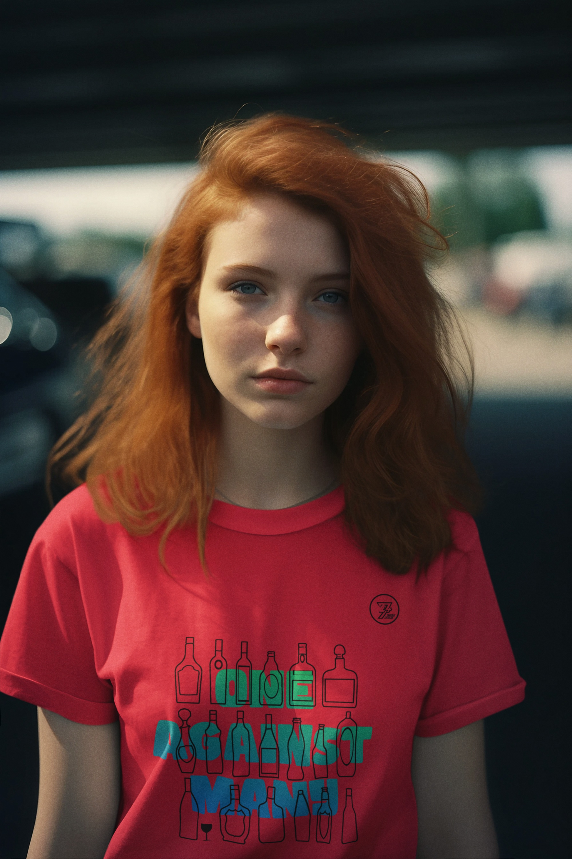 Female model wearing the red comic artist style tee in a bright, everyday lifestyle environment.