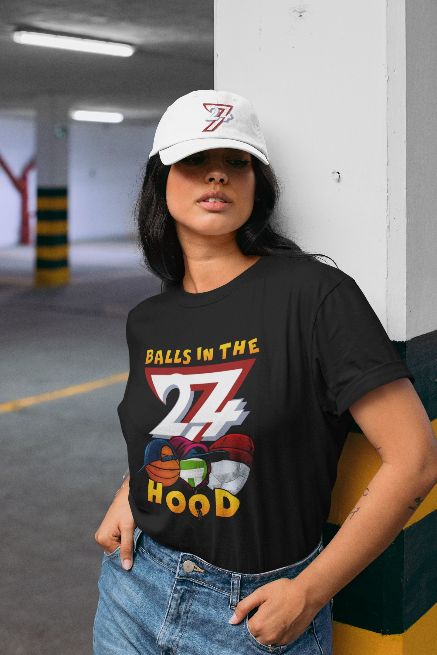 Front view of a female model wearing the vibrant 80s vibe graphic t-shirt.
