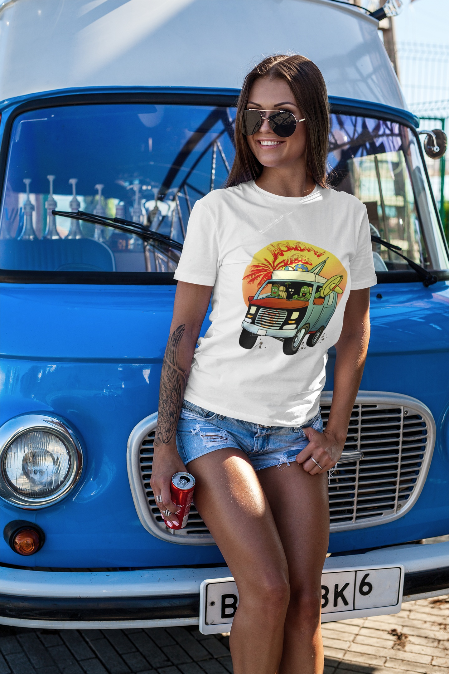 White camper van graphic tee on woman model