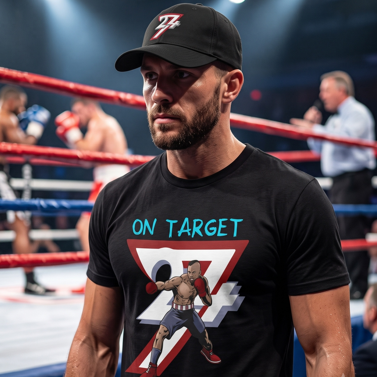 Determined male boxer wearing the black On Target motivational gym shirt and matching 24/7 black cap, performing his intense walkout toward the boxing ring under bright stadium lights.