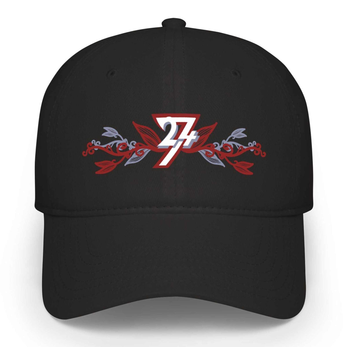 A floral embroidered black baseball cap featuring a red and white graphic logo on the front with red leaves and gray accents, displayed against a clean white background.