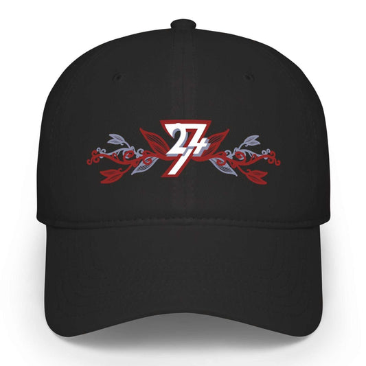 A floral embroidered black baseball cap featuring a red and white graphic logo on the front with red leaves and gray accents, displayed against a clean white background.