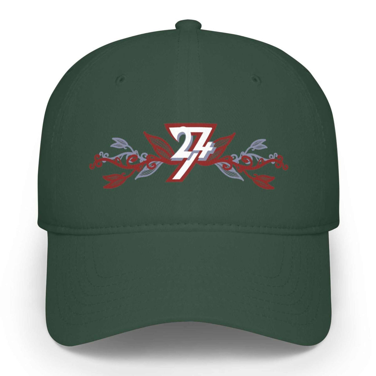 A dark green floral embroidered baseball cap featuring a front graphic with a white and red '24/7' logo and red and gray floral accents, displayed on a clean white background.
