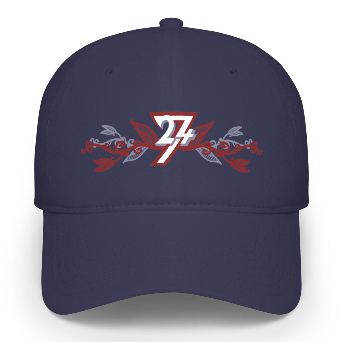Floral embroidered navy baseball hat displayed on a white plain background